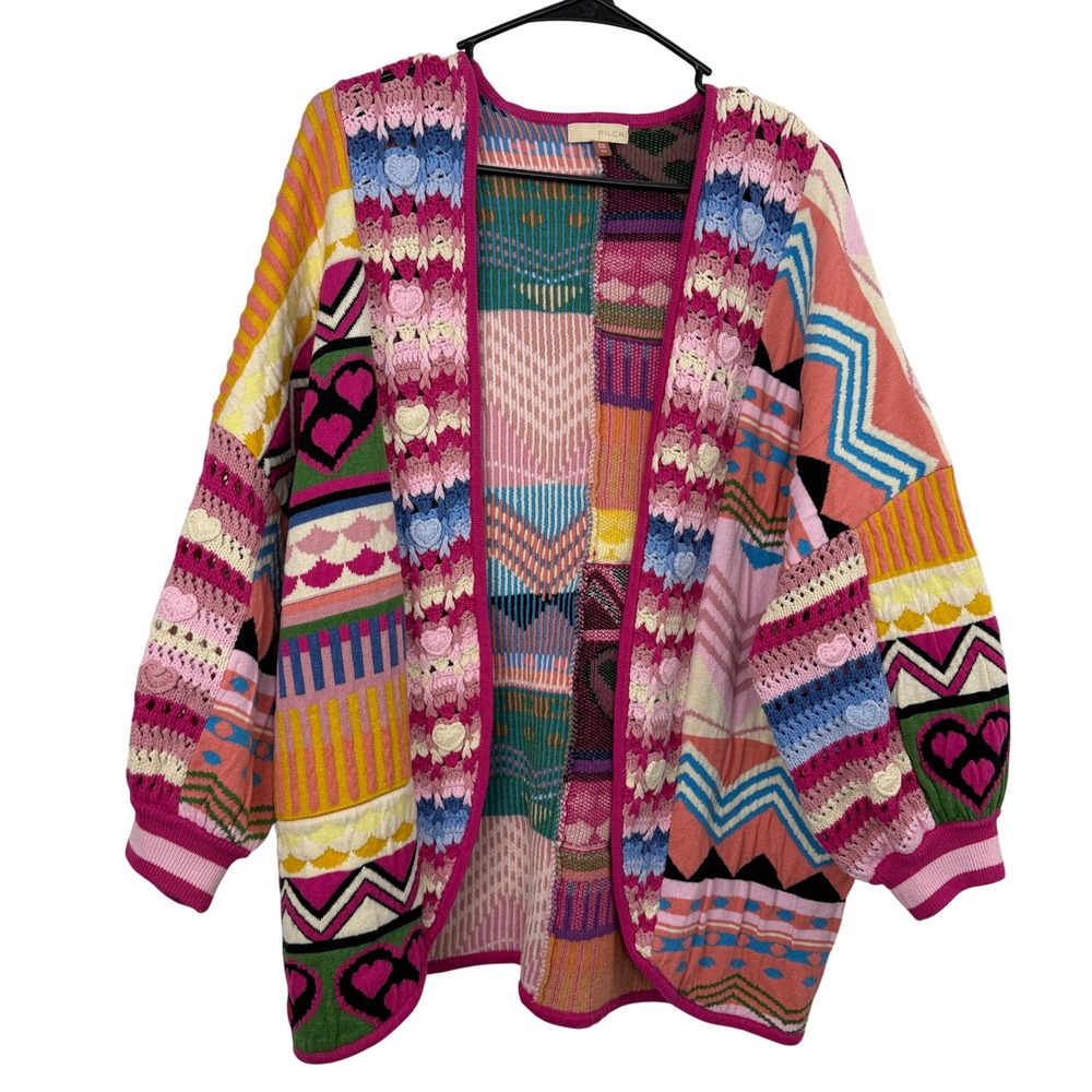 Anthropologie Pilcro Cardigan Womens OS Pink Patchwork Heart Knit Open Sweater